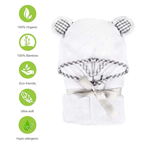100% Organic Bamboo Hooded Baby Toddler Towel with Washcloth Set by Delxar - Premium Hypoallergenic 500GSM Extra Large (35X35) for Boys and Girls Baby Shower Gift