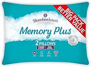 Slumberdown Memory Foam Pillows 2 Pack - Firm Support Side Sleeper Pillows for Neck and Shoulder Pain Relief - Orthopaedic, Supportive, UK Standard Size (38cm x 64cm)