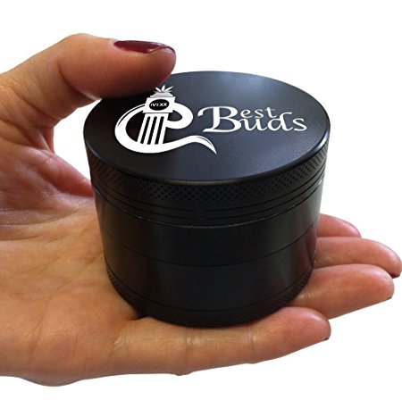 BestBuds Herb Tobacco Weed Grinder with Design - 4pc Grinder with Screen, Pollen - Keef Catcher & Scraper Tool. Premium Grade Aluminum & Cleaning Guide Included (2.5” Black)