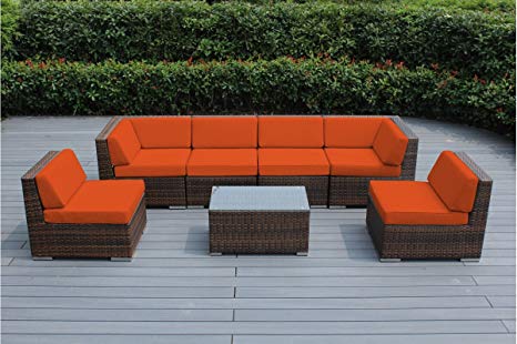 Ohana 7-Piece Outdoor Patio Furniture Sectional Conversation Set, Mixed Brown Wicker with Orange Cushions - No Assembly with Free Patio Cover