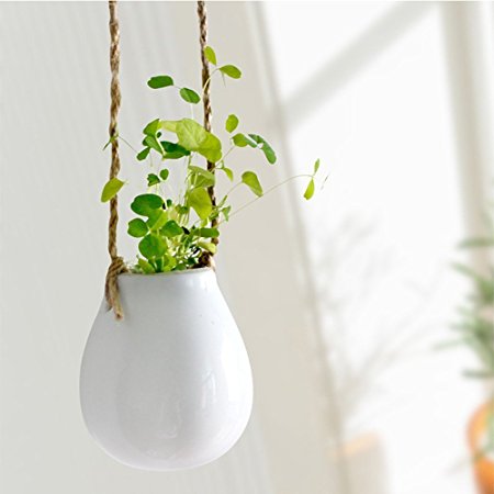 Mkono 2 Pack Mini Decorative Ceramic Hanging Planter Flower Pot Water Planter Plant Vase--Pure White Color