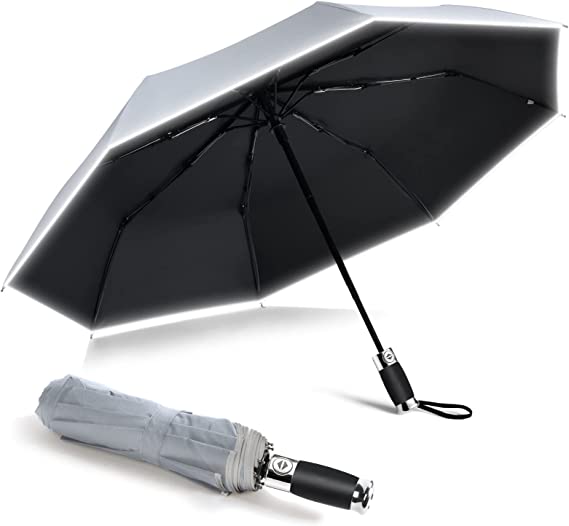 Vicloon Windproof Travel Umbrella, 8 Ribs Double Canopy Travel Umbrella with Auto Open/Close, Compact, Strong and Portable, Wind Resistant, Folding Umbrella with Reflective Stripe-for Mens Women