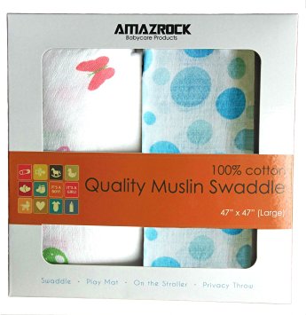 Amazrock Muslin Baby Swaddle Blanket (White-Blue) - Soft 100% Cotton | Lifetime Guarantee | 2 Large Swaddlers for Quality Baby Comfort & Sleep | Unisex Muslin Swaddle Blankets