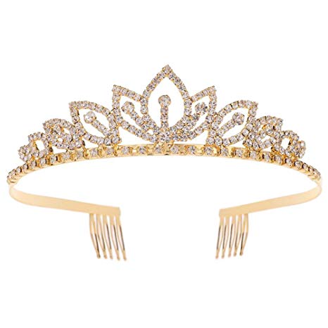 Princess Crystal Tiara Crown with Comb Women Girls Cosplay Party Queen Bridal Wedding Hair Jewelry Headband (Diameter :5.5’’) (Gold)
