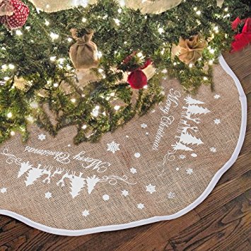 Hootech Christmas Tree Skirt 30 Inch Burlap Tree Skirts Ornaments Xmas Decorations White Snowflake Printed for Christmas Party (30"/77cm)