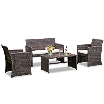 Goplus 4-Piece Rattan Patio Furniture Set Garden Lawn Pool Backyard Outdoor Sofa Wicker Conversation Set with Weather Resistant Cushions and Tempered Glass Tabletop (Mix Coffee)