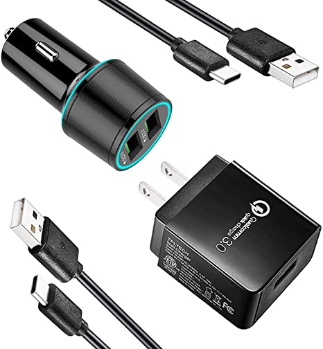 Quick Charge 3.0 Fast USB C Charger Kit,Compatible for LG G8 G7 V50 V40 V35 V30 V20 ThinQ,G6 G5 Stylo 4,Kyocera Duraforce Pro 2 E6910,Samsung S8 A10e A20,Dual USB Car Charger Wall Charger Type C Cords