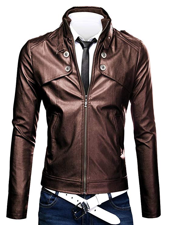 OCHENTA Men's Winter Slim Fit Stand Up Collar Faux Leather Jacket Light Brown Asian size M (US Size XS)