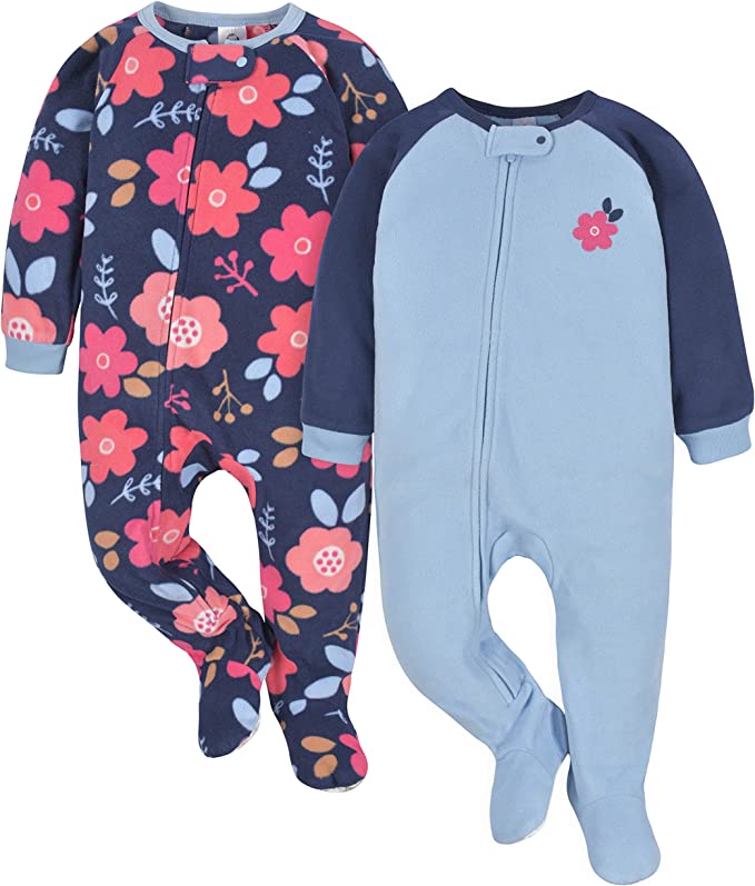 Gerber Baby Girls Toddler Loose Fit Flame Resistant Fleece Footed Pajamas 2-Pack