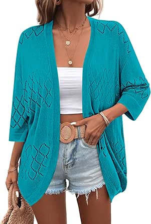 Zeagoo Womens 2024 Lightweight Crochet Cardigan Sweaters Open Front 3/4 Sleeve Knit Kimono Summer Boho Cover Up