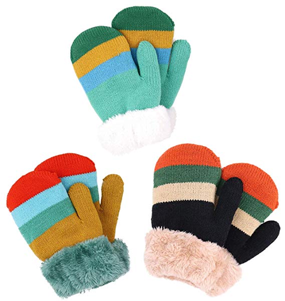 Verabella Boys & Girl's Sherpa Lined Fuzzy Cuff Winter Mittens Kids Knitted Gloves 3 Pairs