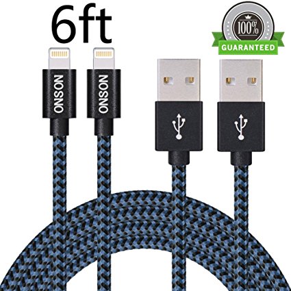 ONSON iPhone Cable,2Pack 6FT Nylon Braided iPhone Cord Apple Lightning Cable Certified to USB Charging Charger for iPhone 7/7 Plus/6/6 Plus/6S/6S Plus,SE/5S/5,iPad,iPod Nano 7 (Black Blue,6FT)