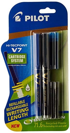 Pilot V7 Hi-tecpoint Pen with cartridge system - 1 Blue, 1 Black Pen, 2 Blue cartridges, 2 Black cartridges