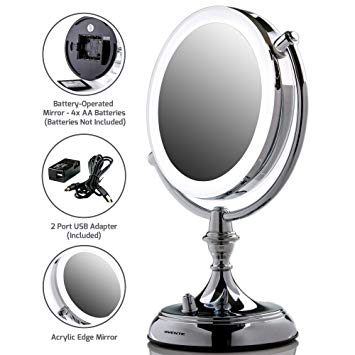 Ovente LED Lighted Makeup Mirror, Dimmable, Battery or USB Adapter Operated, 7.5 inch, 1x/10x Magnification, Polished Chrome (MGT75CH)