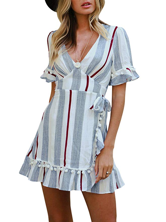 Simplee Women Sexy Deep V-Neck Short Sleeve Stripe Print Mini A Line Dress