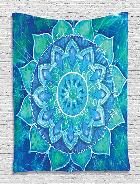 Chakra Tapestry Chakra Decor by Ambesonne, Watercolor Painting Effect Batik Ikat Abstract Mandala Theme, Bedroom Living Kids Girls Boys Room Dorm Accessories Wall Hanging Tapestry, Blue Teal