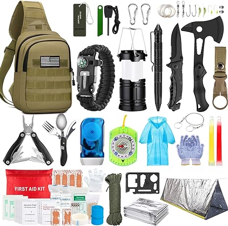 Emergency Survival Kit, 151 Pcs Survival Gear First Aid Kit, Outdoor Trauma Bag with Tactical Flashlight Knife Pliers Pen Blanket Bracelets Compass for Camping Earthquake or Adventures