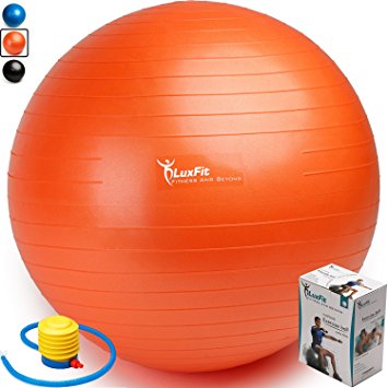 Exercise Ball, LuxFit Premium EXTRA THICK Yoga Ball '2 Year Warranty' - Swiss Ball Includes Foot Pump. Anti-Burst - Slip Resistant! 45cm, 55cm, 65cm, 75cm, 85cm Size Fitness Balls