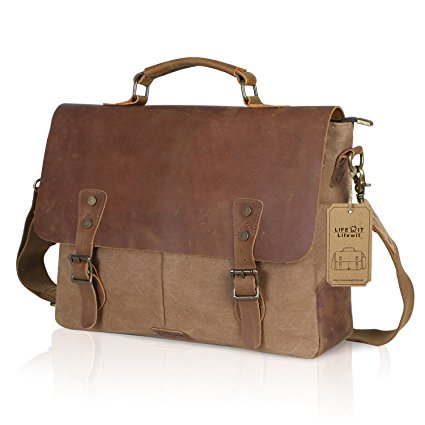 Lifewit Leather Vintage 15.6" Laptop Canvas Messenger Satchel Bag