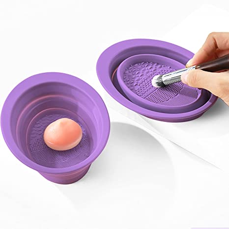 Silicone Makeup Brush Cleaning Mat, Cosmetic Brush Cleaner, Brush Cleaning Pad, Foldable Makeup Brush Cleaning Bowl, Suitable for Makeup Brush, Makeup Sponge, Powder Puff (Purple)