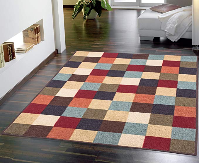 Ottomanson Otto Home Collection Boxes Contemporary Checkered Design Modern Area Rug Skid (Non-Slip) Rubber Backing, 98" L x 118" W, Multi-Color, 8'2" X 9'10", Multicolor