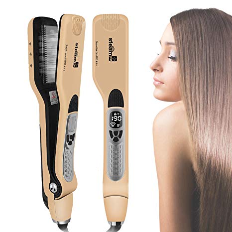 Marui Steam Hair Straightener Hair Straightening Iron Professional Ceramic Flat Iron for Hair Straightening with Digital LCD Display (Gold)
