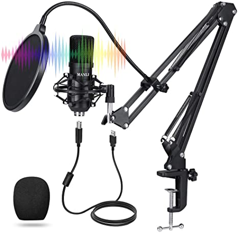 Professional Podcast Condenser Microphone, MANLI USB 192KHZ/24Bit PC Streaming Cardioid Microphone Kit with sound card Boom Arm Shock Mount Pop Filter, for Recording Podcasting Broadcasting Gaming
