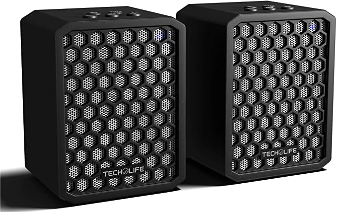 Tech-Life Twins- Mountable Stereo Travel Bluetooth Speakers. 2-Pack. 100% Wireless, 20 watts, 14hr Battery, Splashproof, w/Speakerphone - Silver