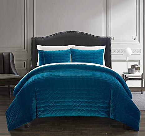 Chic Home Chyna 3 Piece Comforter Set Luxurious Hand Stitched Velvet Bedding - Decorative Pillow Shams Included, King, Teal