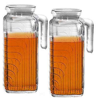 Paksh Novelty Space Saving Glass Pitcher with Spill Resistant Lids (Set of 2) Glass Jug also suitable as Water Carafe, Milk Jar and Tea, Iced Coffee, Juice, Margarita, Sangria Pitcher | 1.2 Liter