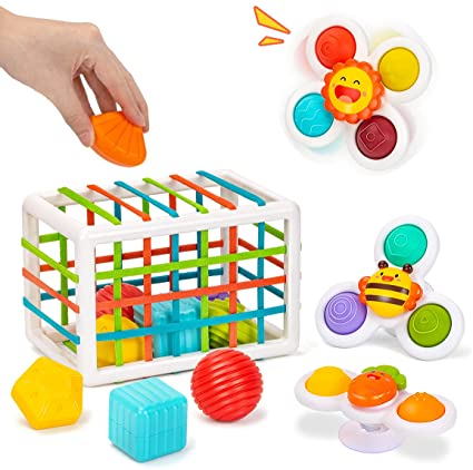 UNIH Baby Sensory Bin, Baby Shape Sorter Toys Set, with 3 Whirly Dimple Suction Rattle Toys and 6 Colorful Textured Shapes Blocks, Early Learning Toys Gifts for 3 Months and Up（10 PCS ）
