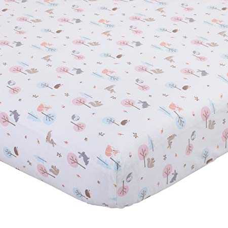 Carter's Woodland Meadow Forest/Deer/Owl 100% Cotton Fitted Crib Sheet, Pink/Aqua/White