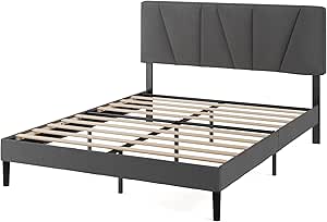 Zinus Maya lit 140x190 cm - Hauteur 30cm - Cadre de lit tapissé avec tête de lit - Sommier à Lattes en Bois - Gris foncé