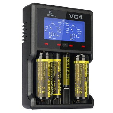 XTAR VC4 Battery Charger Premium USB LCD Display Charger Compatibale with Li-ion Battery and Ni-MH battery 10440,14500,14650,18350,18500,18650,18700,22650,25500,26650,32650,AAAA,AAA,A,SC,C,D Battery