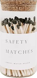 Sweet Water Decor 4" Hearth Matches in Apothecary Glass Bottle | Rustic Jar Approx. 100 Decorative Matchsticks with Strike Pad | Cute Candle Accessory Match Holder Long Matches for Fireplace (Black)