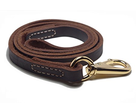 YOGADOG Genuine Leather Dog Training Leash, Brown. Large Metal Clasp for Medium and Large Dogs.
