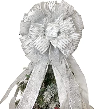 Flash World Christmas Tree Topper,27x12 Inches Large Toppers Bow with Streamer Wired Edge for Christmas Decoration (Silver)