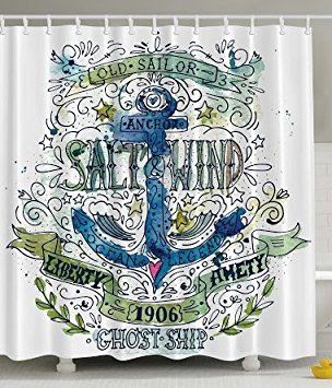 Nautical Seaside West Indies Decor by Ambesonne, Anchor Salt & Wind 1906 Liberty Amity Ghost Ship Old Sailor Stormy Ocean Legend Vintage Fabric Shower Curtain, 69x70 Inches, Navy Green White