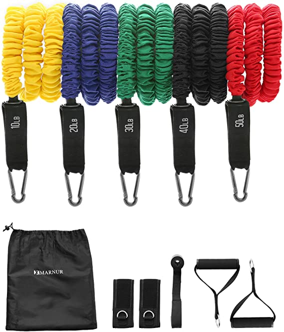 MARNUR Resistance Bands Set for Men & Women – Workout/Exercise Bands with 5 Stackable Premium Cable Bands with Handles, Ankle Straps and Door Anchor – Works Great for Your Home Gym, Training, Yoga