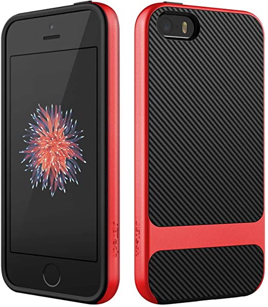 JETech Case for Apple iPhone SE (2016 Edition), iPhone 5s and iPhone 5, Slim Protective Cover with Shock-Absorption, Carbon Fiber Design, Red