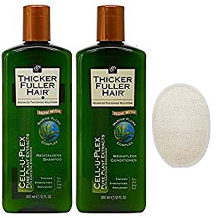 Thicker Fuller Hair Care Set 12 Oz - Shampoo and Conditioner with Loofah Pad