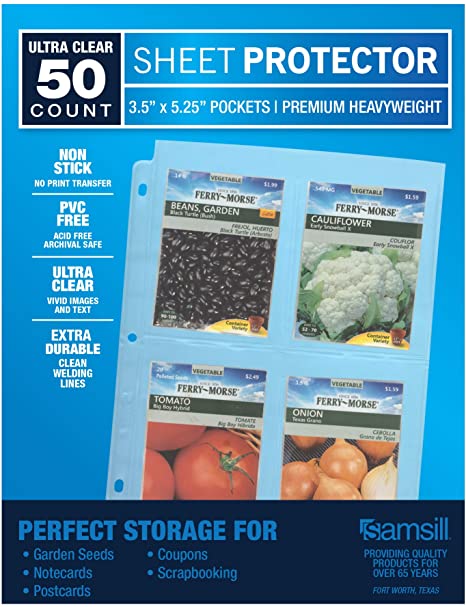 Samsill 50 Pack 4 Pocket Clear Sheet Protectors, Card Protectors for Postcards, Index Cards, Couponing, and Gardan Seeds - Each Pocket Measures 3.5" x 5.25", Fits in Standard 3 Ring Binder