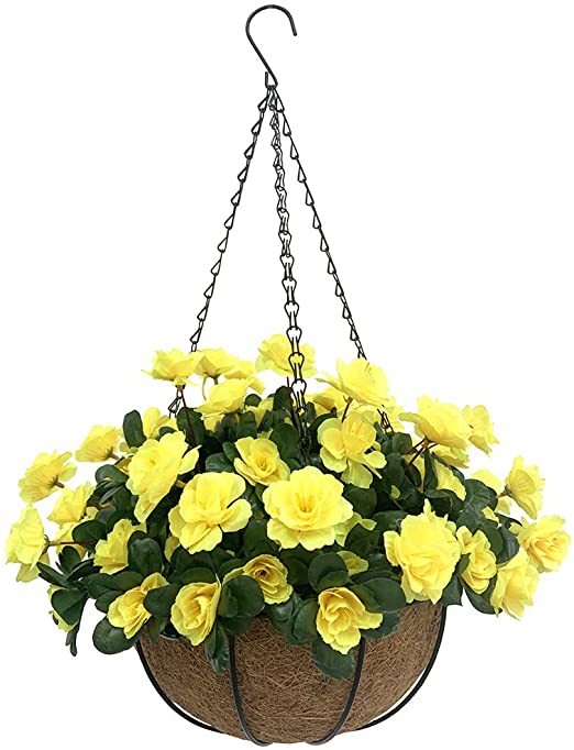 Lopkey Outdoor Artificial Red Azalea Bush Flower Patio Lawn Garden Hanging Basket with Chain Flowerpot,Yellow