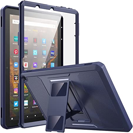 MoKo Case Fits All-New Kindle Fire HD 10 & 10 Plus Tablet (11th Generation, 2021 Release) 10.1", Full Body Rugged Hands-Free Viewing Stand Back Cover with Screen Protector, Dark Blue