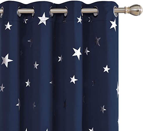 Deconovo Foil Print Star Curtains Blackout Curtains Grommet Top Thermal Insulted Room Darkening 52 x 45 Inch Navy Blue 2 Panels