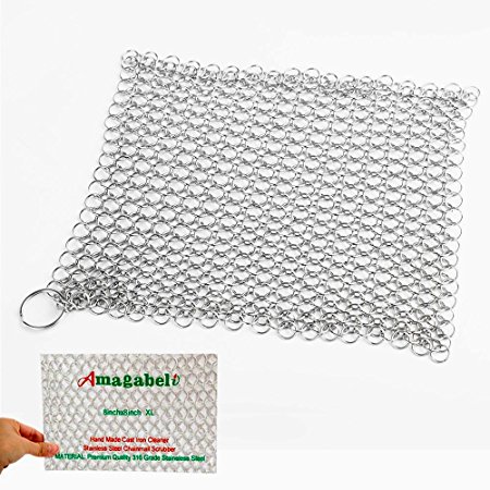 Amagabeli 8"x8" Stainless Steel 316L Cast Iron Cleaner - Chainmail Scrubber for Cast Iron Pan Pre-Seasoned Pan Dutch Ovens Waffle Iron Pans Scraper Cast Iron Grill Scraper Skillet Scraper