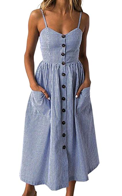 Angashion Women's Dresses-Summer Floral Bohemian Spaghetti Strap Button Down Swing Midi Dress with Pockets