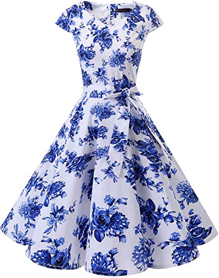 DRESSTELLS Women's Vintage Tea Dress Prom Swing Cocktail Party Dress with Cap-Sleeves