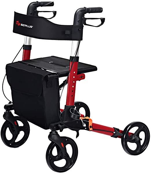 COSTWAY Lightweight Folding Rollator Walker with Seat, Dual Safety Brake, Adjustable Height, 4 Wheels Mobility Aids with Cane/Umbrella Holder & Removable Storage Bag (Red)