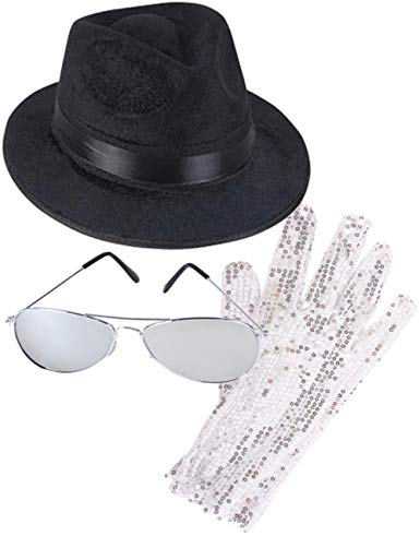 MJ King of Pop Costume Bundle with Fedora Hat Glove and Sunglasses Black/Silver